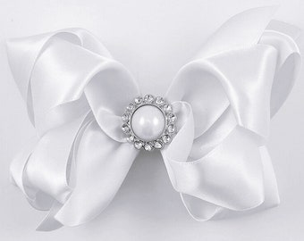 White Satin Girls Hair Bow with Pearl Rhinestone / Wedding Flower Girl / 6 inch Double Layer Baptism Christening Fancy Hair Bows with Clip