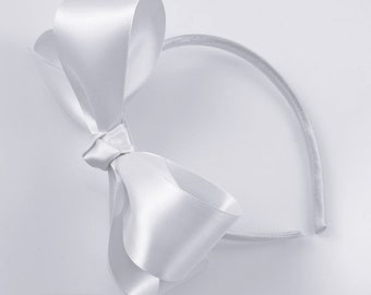 White Satin Bow Headband, Big Girls Headband, Satin Lined Hard Headband, Headbands with Bows Flower Girl Wedding Christening Baptism Bows