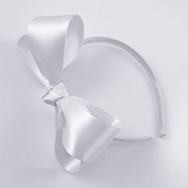 White Satin Bow Headband, Big Girls Headband, Satin Lined Hard Headband, Headbands with Bows Flower Girl Wedding Christening Baptism Bows