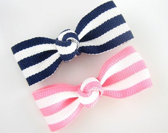 Navy and Pink Striped Hair Clips, Small Hair Bows, pigtails pair, girls hair bows, girls hair clips, barrettes, baby hair bows navy blue