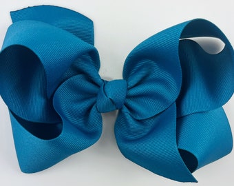 Blue Hair Bow for Girls in Deep Teal / Extra Large 6 inch Grosgrain Girls Hair Bows, Toddlers, Big Hairbows, Teal Hair Clip Turquoise Bow