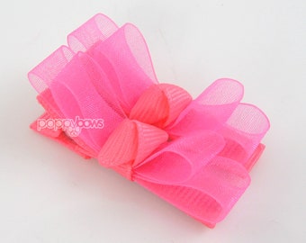 Neon Pink Hair Clips in Sheer Organza / baby hair clips / baby barrettes / small girls hair clips pair / fancy ribbon / infant toddler