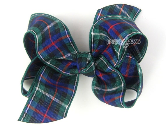 4" inch Tartan Ribbon Hair Bows-Partially Covered Double Prong Pinch Clips 