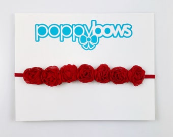 Baby Headband in Red Chiffon - Baby Headbands Flower / Newborn Headbands / Preemie Size Headbands / Long row of flowers / for Photoshoot