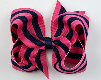 Navy and Pink Striped 4” inch Hair Bow, Medium Girls Hair Bows / Large Baby Hair Bows, Boutique Bow Hair Clips, Hair bows on clips