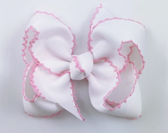 White and Pink Moonstitch 4 inch Girls Hair Bow, Large Baby Hair Bow Hair Clips, Hair bows for Girls, Big Hairbow, Moon Stitch Hair Bows