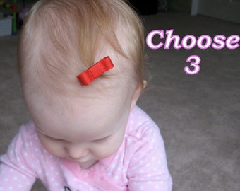 PICK 3 Baby Hair Clips / Over 90 Colors / Mini Tuxedo Snap Clips with Bows / Extra Small Newborn Infant Barrettes / tiny ribbon bows
