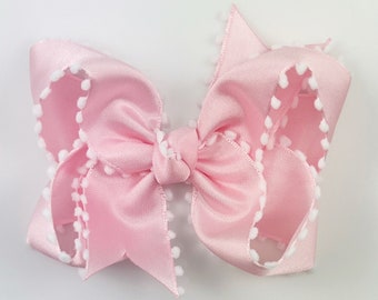 Light Pink Pom Pom 4 inch Girls Hair Bow, Large Baby Hair Bow, Boutique Bow Hair Clips, Hair bows for Girls, Big Hairbow, pink hair bows