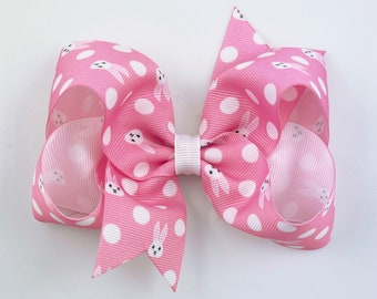 Pink Bunny Easter Hair Bow 4 inch Girls Hair Bow / 4" Hair Bows on Clips / Large Baby Girls Hair Clips with Bows / Boutique Grosgrain