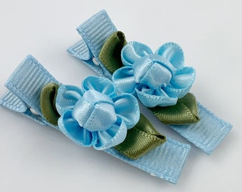Flower Hair Clips for Baby / Light Blue Flower Hair Clips for Girls Toddlers / Cute Hair Bows for Babies Photoshoot / Satin Cabbage Rose