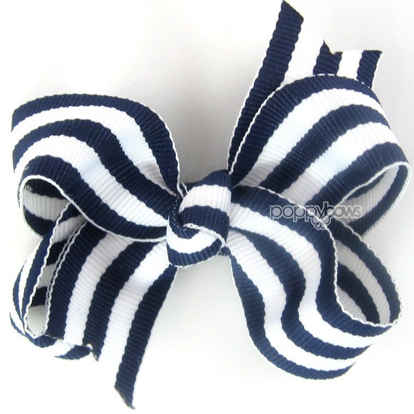 Navy Striped 3" inch Hair Bow, Small Girls Hair Bows / Medium Baby Hair Bows, hair clips with bows for girls barrettes, navy blue stripes