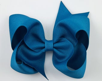 Teal Blue 4” inch Hair Bow, Medium Girls Hair Bows / Large Baby Hair Bows, Boutique Bow Hair Clips, Hair bows on clips Barrettes non slip