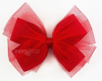 Tulle Hair Bow in Red / Valentines Hair Bows / Large 5 inch Bows for Girls / Ballerina Hair Bow / Fancy Hair Bows / Hair Clip