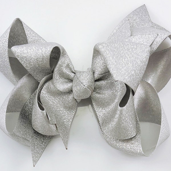 Silver 4” inch Hair Bow, Double Layer Medium Girls Hair Bows / Large Baby Hair Bows, Boutique Bow Hair Clips, Hair bows on clips Barrettes