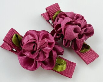 Flower Hair Clips for Baby / Deep Mauve Flower Hair Clips for Girls Toddlers / Cute Hair Bows for Babies Photoshoot / Satin Cabbage Rose