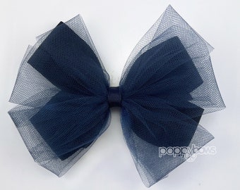 Tulle Hair Bow in Navy Blue / Ballet Hair Bow / Large 5 inch Bows for Girls / Ballerina Hair Bow / Fancy Hair Bows / Tulle Hair Clip