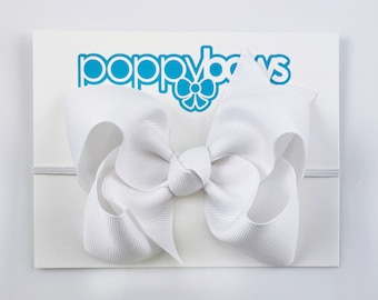 Baby Headband White - 4 inch Bow Headbands for Baby / Baby Headbands with Big Bows / Large Bow Baby Head Band/ Infant White Bow Headbands