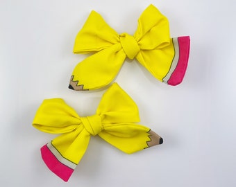 Back to School Hair Bows / Bright Yellow Pencil Hair Bows / 3,5 inch Girls Hair Bow / School Hair Bows / Pigtail Bows / Cotton Tied Bows