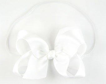 Baby Headband in White Satin - 4 inch Bow Headbands for Baby / Baby Headbands with Big Bows / Large Bow Baby Head Band / White Bow Headbands