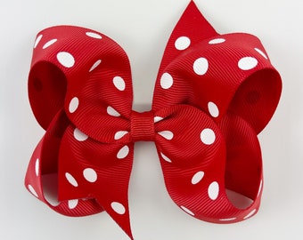Red Polka Dot 4” inch Hair Bow, Medium Girls Hair Bows / Large Baby Hair Bows, Boutique Bow Hair Clips, Hair bows on clips Barrettes