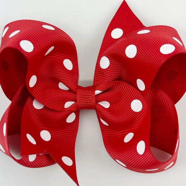 Red Polka Dot 4” inch Hair Bow, Medium Girls Hair Bows / Large Baby Hair Bows, Boutique Bow Hair Clips, Hair bows on clips Barrettes