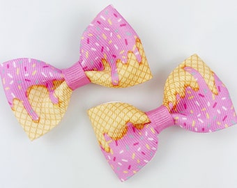 Ice Cream Cone Hair Bows for Girls / Girls Hair Clips / Toddlers Baby Hair Bows / Pigtail Bows, Pigtail Clips / Pinched Cute Pink Bows