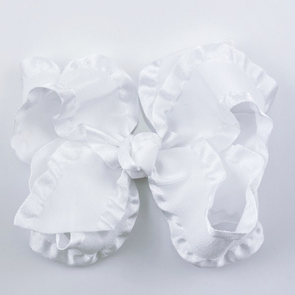 White Ruffle 4” inch Hair Bow, Medium Girls Hair Bows / Large Baby Hair Bows, Boutique Bow Hair Clips, Hair bows on clips Barrettes non slip