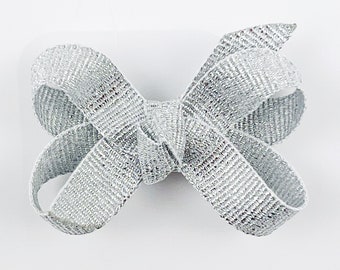 Silver Baby Hair Bow, 2 inch Extra Small Mini Boutique Hair Bows / Mini Snap Clip / Infant Newborn Hair Bow / Silver Baby Hair Clips