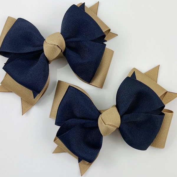 Back to School Hair Bows / Double Khaki and Navy Blue 4.5 inch Girls Hair Bow / School Uniform Colors / School Hair Bows / Pigtail Bows