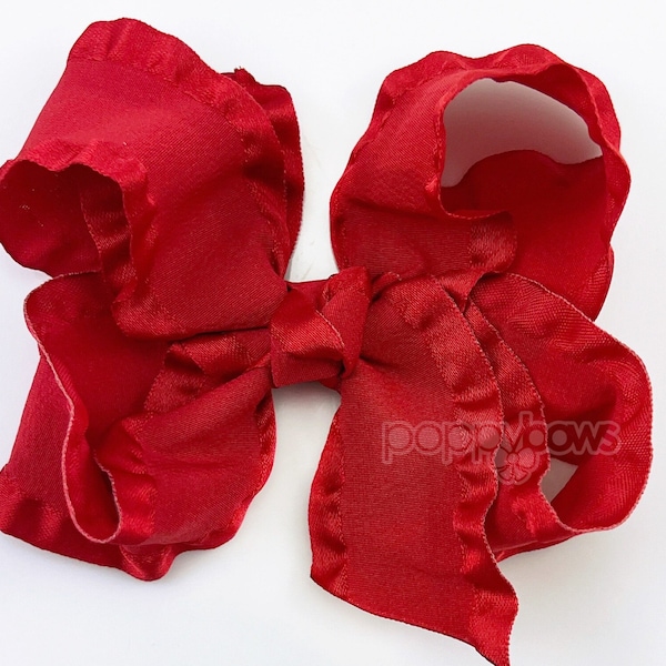 Red Ruffle 4” inch Hair Bow, Medium Girls Hair Bows / Large Baby Hair Bows, Boutique Bow Hair Clips, Hair bows on clips Barrettes non slip