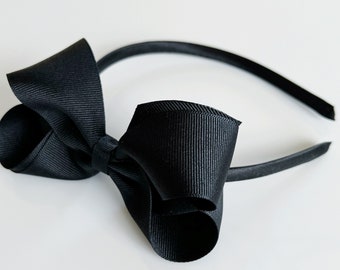 Black Girls Headband, Big Girls Headband, Satin Lined Hard Headband 4" Boutique Ribbon Bow on Headband for Girls, Cute Headbands with Bows