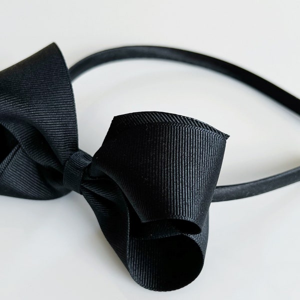 Black Girls Headband, Big Girls Headband, Satin Lined Hard Headband 4" Boutique Ribbon Bow on Headband for Girls, Cute Headbands with Bows