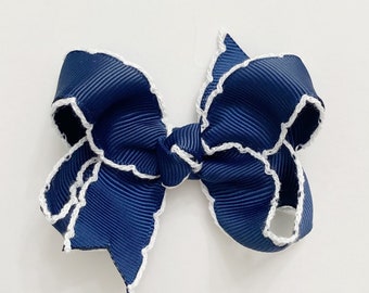 Navy Moonstitch 3" inch Hair Bow, Small Girls Hair Bows / Medium Baby Hair Bows, hair clips with bows for baby girls barrettes, navy blue