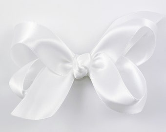 White Satin 3" inch Hair Bow, Small Girls Hair Bows / Medium Baby Hair Bows, hair clips with bows for baby, Baptism Christening Wedding