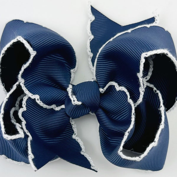Navy Moonstitch 4 inch Girls Hair Bow, Large Baby Hair Bow, Boutique Bow Hair Clips, Hair bows for Girls, Big Hairbow, Moon Stitch Navy Blue