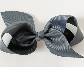 Dark Gray Hair Bow / Hair Bows for Girls, Medium Hair Bows for Baby, Ribbon Hair Clip with Bows for Babies Fine Hair - Charcoal Loopy Bow