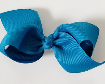 Blue Hair Bow / Hair Bows for Girls, Medium Hair Bows for Baby, Ribbon Hair Clip with Bows for Babies Fine Hair - Deep Teal Loopy Bow