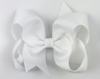 White 4” inch Hair Bow, Medium Girls Hair Bows / Large Baby Hair Bows, Boutique Bow, Hair bows on clips barrettes non slip / solid color