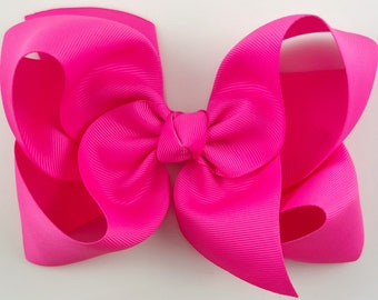Pink Hair Bow for Girls in Bold Princess Neon Pink / Extra Large 6 inch Grosgrain Ribbon Bows for Girls, for Toddlers, Pink Hair Clip
