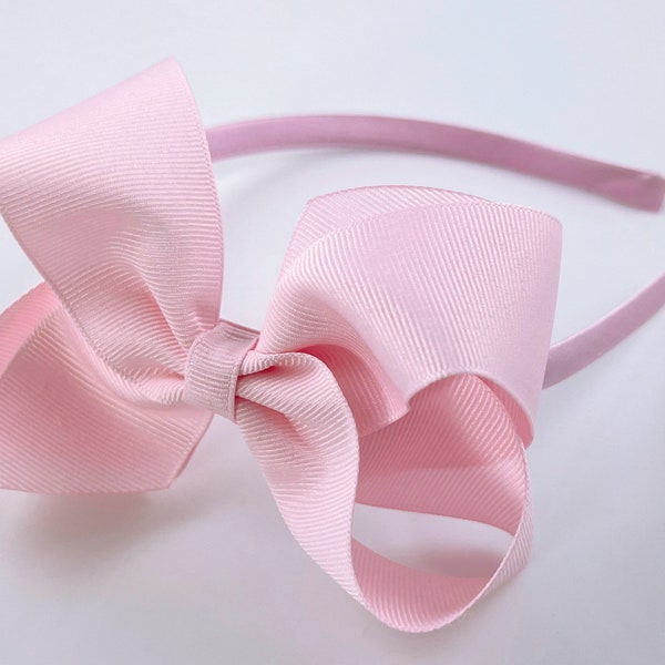 Light Pink Bow Headband, Big Girls Headband, Satin Lined Hard Headband 4" Boutique Ribbon Bow on Headband for Girls, Headbands with Bows