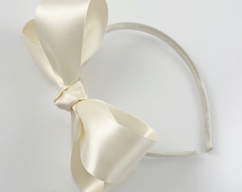 Ivory Satin Bow Headband, Big Girls Headband, Satin Lined Hard Headband, Headbands with Bows Flower Girl Wedding Christening Baptism Bows