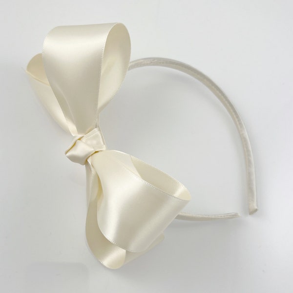 Ivory Satin Bow Headband, Big Girls Headband, Satin Lined Hard Headband, Headbands with Bows Flower Girl Wedding Christening Baptism Bows