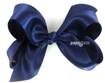 Navy Blue Satin 4 inch Girls Hair Bow, Large Baby Hair Bow, satin hair bows on clips, Hair bows for Girls, navy blue hair bows for baby