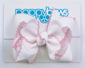 Baby Headband White and Pink Moonstitch - 4 inch Bow Headbands for Baby / Baby Headbands with Big Bow / Large Bow Baby Head Band/Moon stitch