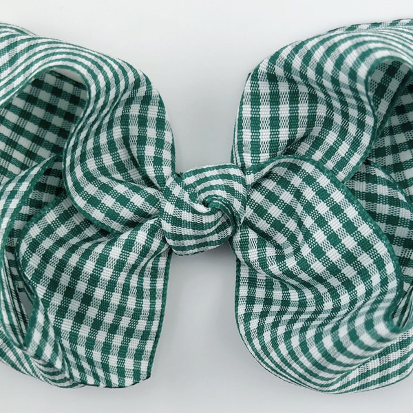 Green Gingham Bow, 4 inch Girls Hair Bow, Large Baby Hair Bow, Bow Hair Clips, Hair bows for Girls, Big Hairbow, small checks checkered
