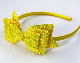 Yellow Glitter Bow Headband, Big Girls Headband, Satin Lined Hard Headband with Bow for Girls, Headbands with Bows / Cute Sparkle Bow