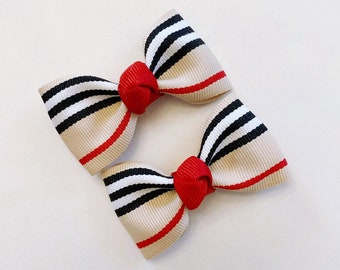 Hair Clips for Girls / Posh Striped / Cute Hair Bows for Girls / Hair Bows Toddler / Non Slip Hair Clips for Baby / Khaki Tan Black Red