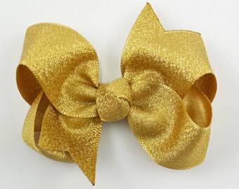 Gold Hair Bow, Small Girls Hair Bows 3 inch / Medium Baby Hair Bows, hair clips with bows for baby girls barrettes, metallic gold hair bows