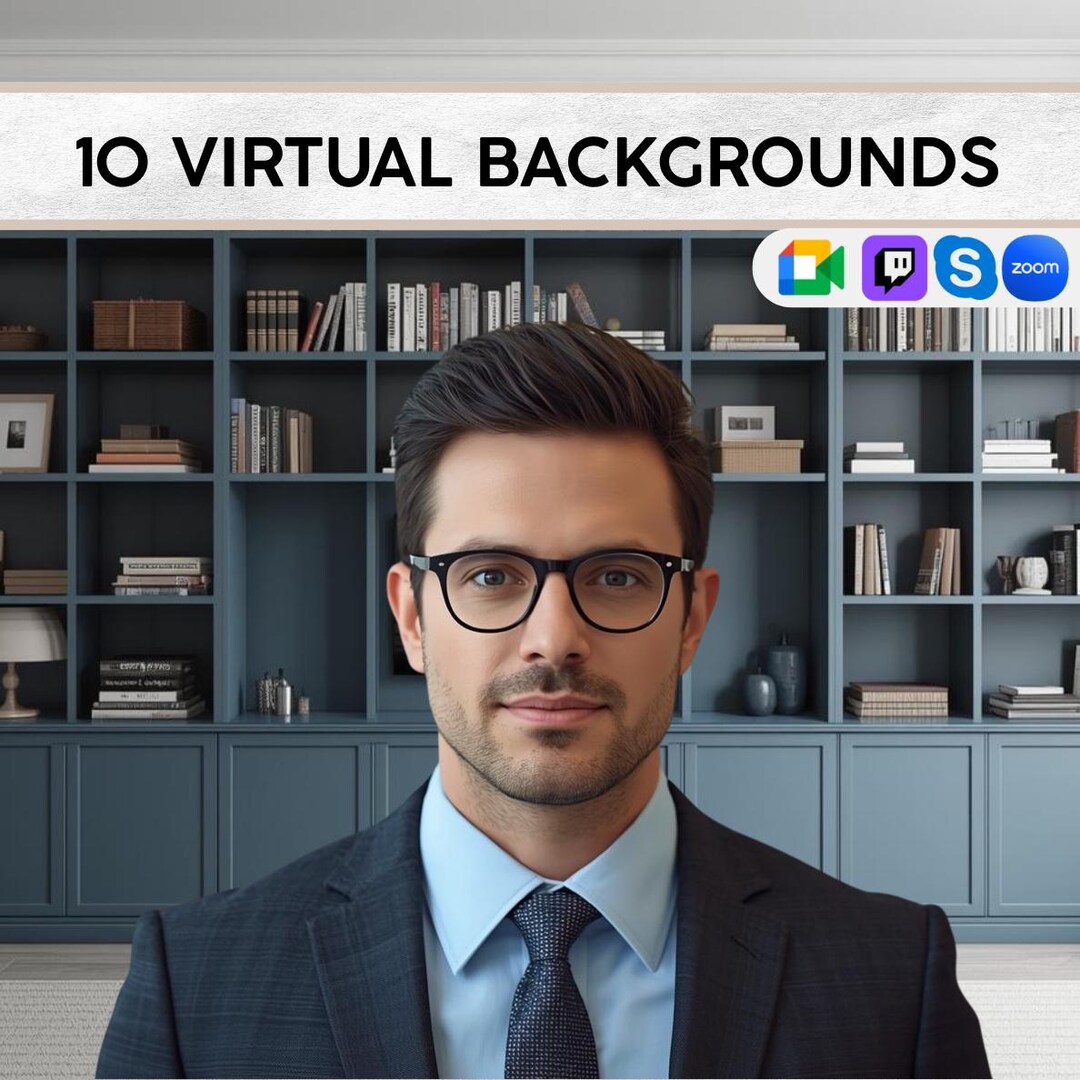 Dark Blue Wood Bookshelf Zoom Background | Elegant Virtual Office ...