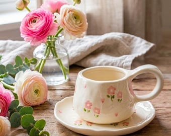 Taza de cerámica rosa hecha a mano con platillo, taza de cerámica floral color melocotón con diseño estético, juego de cerámica con forma de corazón, taza de té suave para niña, regalo romántico para ella.
